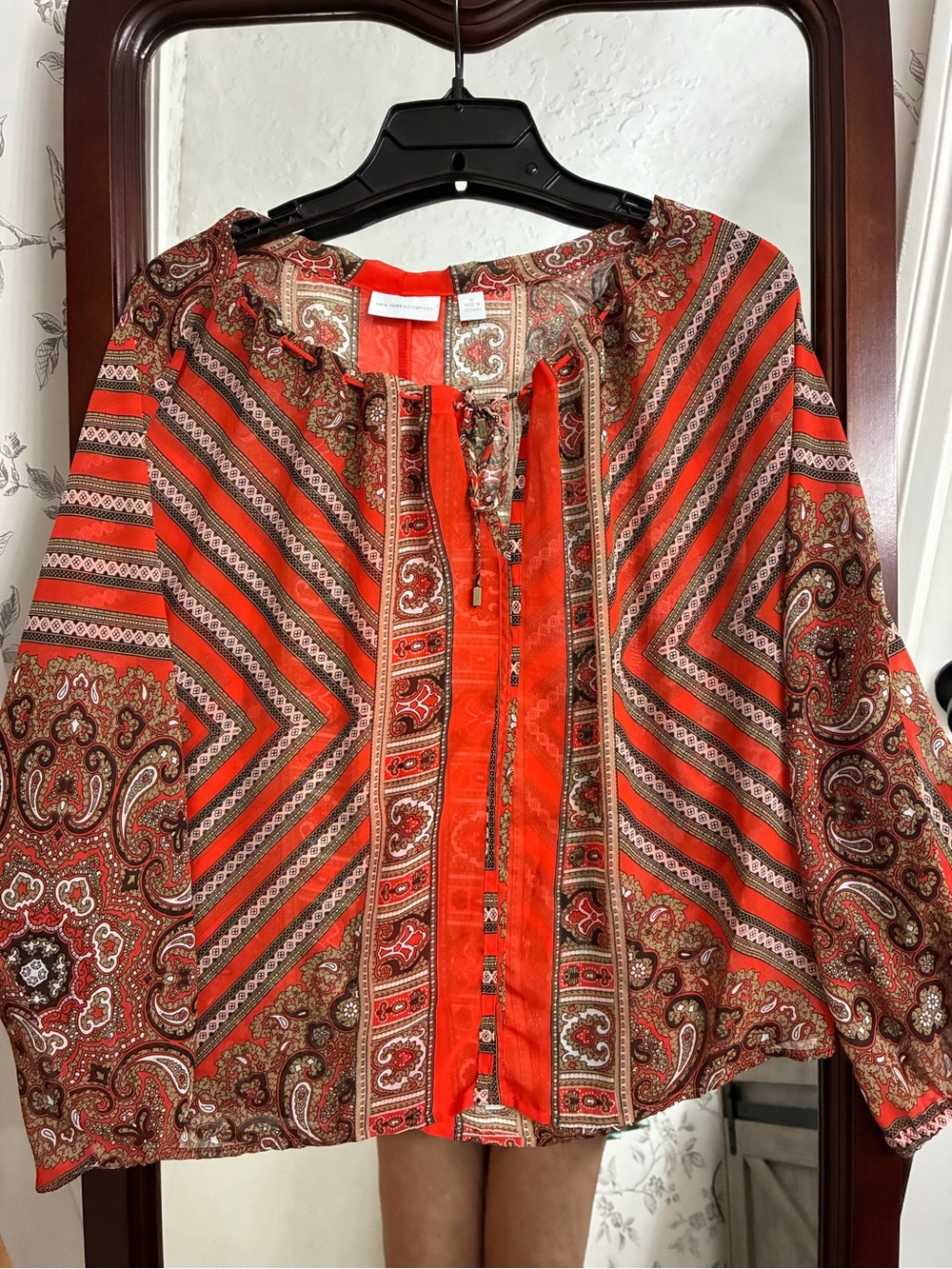 New York & Company Red Paisley-Stripe Bohemian Tie-Neck Tunic